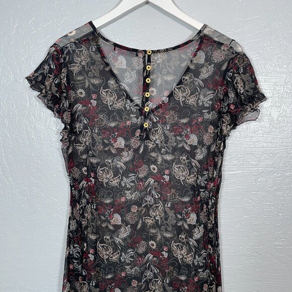 Gypsy 05 Women M Black Cream Red Floral Midi Dress Sheer Flutter Sleeve Hanky - Picture 7 of 10